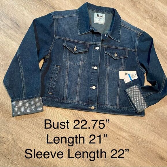 REBECCA MINKOFF DARK WASH DENIM JACKET WITH RHINESTONE EMBELLISHED CUFFS XL NWT - Picture 16 of 16